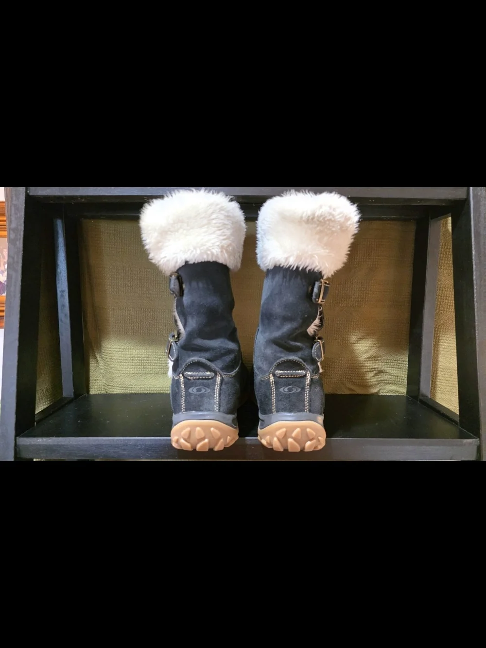 Salomon Black Suede Winter Boots with White Faux Fur Cuff